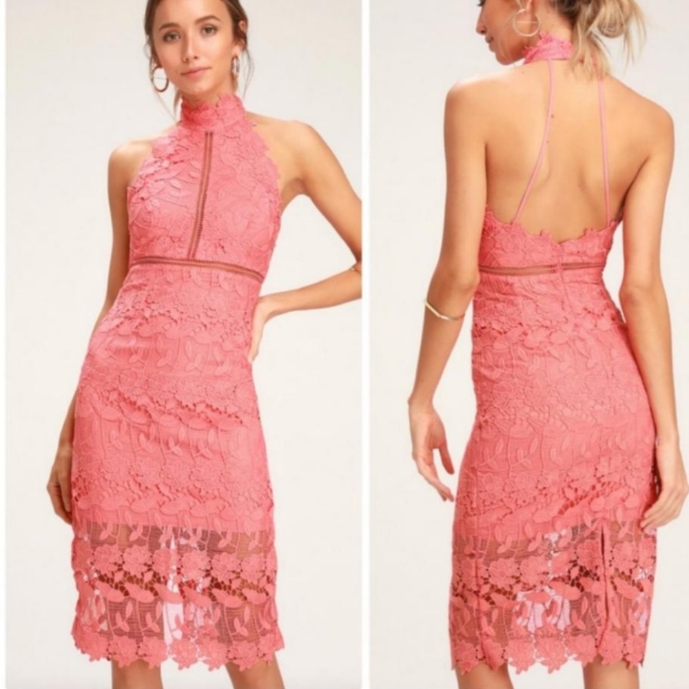 Bardot Coral Lace Halter Midi Dress